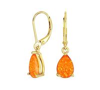 Gemstone Simple Orange Opal Created Opal Solitaire 7MM Pear Shaped Teardrop Dangle Lever Back Earrings For Women Teen Yellow Gold Plated .925 Sterling Silver