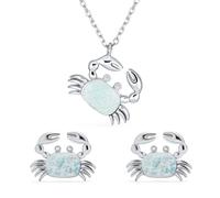 Gemstone Tropical Vacation Nautical Created White Opal Beach Sand Crab Dangling Pendant Necklace for Women .925 Sterling Silver Jewelry Set