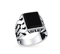 Gemstones Cuban Curb Link Chain Band Black Onyx Rectangle Signet Ring For Men .925 Sterling Silver Handmade In Turkey