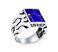 Gemstones Cuban Curb Link Chain Band Blue Created Lapis Lazuli Rectangle Signet Ring For Men .925 Sterling Silver Handmade In Turkey