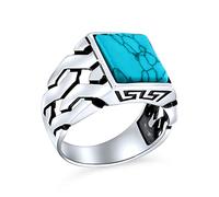 Gemstones Cuban Curb Link Chain Band Blue Created Turquoise Rectangle Signet Ring For Men .925 Sterling Silver Handmade In Turkey