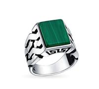 Gemstones Cuban Curb Link Chain Band Created Malachite Rectangle Signet Ring For Men .925 Sterling Silver Handmade In Turkey