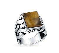 Gemstones Cuban Curb Link Chain Band Tiger Eye Rectangle Signet Ring For Men .925 Sterling Silver Handmade In Turkey