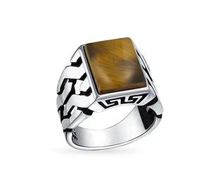 Gemstones Cuban Curb Link Chain Band Tiger Eye Rectangle Signet Ring For Men .925 Sterling Silver Handmade In Turkey