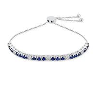 Gemstones White Zircon Alternating Created Blue Sapphire Bolo Tennis Bracelet for Women Adjustable 7-8 Inch .925 Sterling Silver