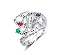 Gemszoo Personalised 4 Birthstone Mothers Ring Sterling Silver Custom Engraved 4 Names Ring Baby Feet Mom Ring 4 Footprints Mama Jewelry for Women Wife Grandma Birthday Anniversary Size O