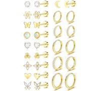 Gemtastic 15 Pairs Hypoallergenic Flat Back Cartilage Earrings for Women, Stainless Steel Tragus Helix Piercing Jewelry, Gold Plated Screw Back Stacks, S, Metal, No Gemstone