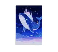 GEMTOFNMA A Deep-sea Whale Carries A Glowing Castle, Surrounded by Fish, Seawater in Gradient Blue-purple Contemporary Wall Mural - Decorative Hanging Poster Art 12x18inch(30x45cm)