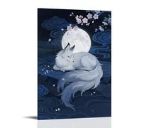 GEMTOFNMA A Nine-tailed Fox Curls Under The Full Moon, Its Fluffy Tail Glowing Faintly, with Cherry Blossoms Floating Around Contemporary Wall Mural - Decorative Hanging Poster Art 16x24inch(40x60cm)
