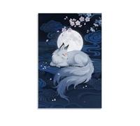 GEMTOFNMA A Nine-tailed Fox Curls Under The Full Moon, Its Fluffy Tail Glowing Faintly, with Cherry Blossoms Floating Around Contemporary Wall Mural - Decorative Hanging Poster Art 24x36inch(60x90cm)