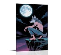 GEMTOFNMA Animal Poster, A Wolf Boy Squats on A Cliff, Looks Back Under The Moon, Eyes Wild Contemporary Wall Mural - Decorative Hanging Poster Art 20x30inch(50x75cm)