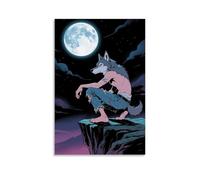 GEMTOFNMA Animal Poster, A Wolf Boy Squats on A Cliff, Looks Back Under The Moon, Eyes Wild Contemporary Wall Mural - Decorative Hanging Poster Art 08x12inch(20x30cm)