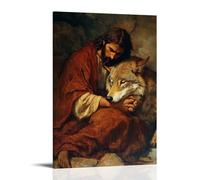 GEMTOFNMA Jesus Rests His Hand Upon The Head of A Wolf, And It Lays Down in Peace Contemporary Wall Mural - Decorative Hanging Poster Art 24x36inch(60x90cm)