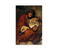 GEMTOFNMA Jesus Rests His Hand Upon The Head of A Wolf, And It Lays Down in Peace Contemporary Wall Mural - Decorative Hanging Poster Art 08x12inch(20x30cm)
