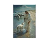 GEMTOFNMA Jesus Stands in The Sea Shallows, Washing The Lamb’s Feet As Wolves Gather on The Distant Dunes. Contemporary Wall Mural - Decorative Hanging Poster Art 16x24inch(40x60cm)