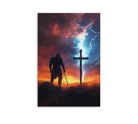 GEMTOFNMA Lightning Splits The Sky As The Knight Plants His Sword Beside A Cross, Waiting for Heaven’s Reply. Contemporary Wall Mural - Decorative Hanging Poster Art 08x12inch(20x30cm)