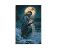 GEMTOFNMA Mary Kneels by The Shore, Lifting A Drowning Child from The Waves As Moonlight Glows Around Her Like A Halo. Contemporary Wall Mural - Decorative Hanging Poster Art 24x36inch(60x90cm)