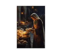 GEMTOFNMA Mary Watches over A Marketplace at Dawn, Blessing Merchants As They Set Bread Beside Candlelight. Contemporary Wall Mural - Decorative Hanging Poster Art 12x18inch(30x45cm)