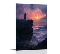 GEMTOFNMA On A Cliff’s Edge, A Knight Raises His Sword in Salute to The Cross-shaped Sunrise Rising from The Sea. Contemporary Wall Mural - Decorative Hanging Poster Art 20x30inch(50x75cm)