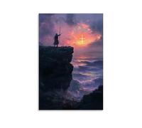 GEMTOFNMA On A Cliff’s Edge, A Knight Raises His Sword in Salute to The Cross-shaped Sunrise Rising from The Sea. Contemporary Wall Mural - Decorative Hanging Poster Art 24x36inch(60x90cm)