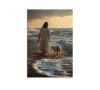 GEMTOFNMA On The Ocean Shore, Jesus Walks with The Lamb As The Tide Washes Away The Wolf Tracks behind Them. Contemporary Wall Mural - Decorative Hanging Poster Art 08x12inch(20x30cm)