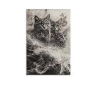 GEMTOFNMA Pirate Cats Navigating Graphite Storm Waves Contemporary Wall Mural - Decorative Hanging Poster Art 24x36inch(60x90cm)