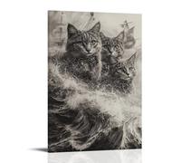 GEMTOFNMA Pirate Cats Navigating Graphite Storm Waves Contemporary Wall Mural - Decorative Hanging Poster Art 24x36inch(60x90cm)