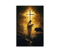 GEMTOFNMA The Cross Glows behind Jesus As He Lifts A Lamb And Walks Away from The Open Jaws of A Wolf. Contemporary Wall Mural - Decorative Hanging Poster Art 24x36inch(60x90cm)