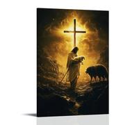 GEMTOFNMA The Cross Glows behind Jesus As He Lifts A Lamb And Walks Away from The Open Jaws of A Wolf. Contemporary Wall Mural - Decorative Hanging Poster Art 24x36inch(60x90cm)