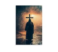 GEMTOFNMA The Cross in The Storm - Jesus Standing Against The Wind And Rain Contemporary Wall Mural - Decorative Hanging Poster Art 12x18inch(30x45cm)