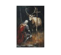 GEMTOFNMA The Knight Kneels before A Stag at Twilight, Surrendering Pride Beneath The Watching Eye of The Cross. Contemporary Wall Mural - Decorative Hanging Poster Art 16x24inch(40x60cm)