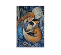 GEMTOFNMA The Moonlight Fox Sleeps on Mary’s Lap As She Reads to The Stars Contemporary Wall Mural - Decorative Hanging Poster Art 08x12inch(20x30cm)
