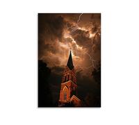 GEMTOFNMA The Steeple Touches A Sky Full of Lightning, Yet Remains Untouched As The Storm Rages on Around It. Contemporary Wall Mural - Decorative Hanging Poster Art 16x24inch(40x60cm)