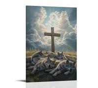 GEMTOFNMA Wolves Sleep Around A Wooden Cross in A Meadow, As Sunlight Breaks through Clouds Like Divine Breath. Contemporary Wall Mural - Decorative Hanging Poster Art 24x36inch(60x90cm)