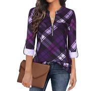 Gemulate Checked Shirts Womens Long Sleeve Tops Women Zip Up Tops Plaid Tunic Blouse Long 3/4 Roll Sleeve Polo Top Floral Printed Shirts -Purple 1, XL