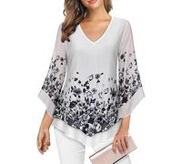Gemulate Dressy Blouses for Women V Neck 3/4 Flared Sleeve Double Layers Elastic Mesh Chiffon Tops for Wedding Guest, Buniess Casual Wear Modlily-Floral White, XL