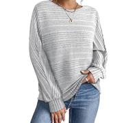 Gemulate Jumpers for Women UK Plus Size Crewneck Striped Knit Pullover Sweater, Loose Batwing Sleeve Top Ideal for Autumn Casual Occasions Grey XL