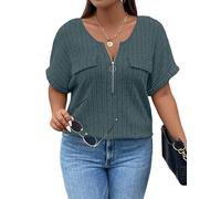 Gemulate Ladies Blouses Plus Size Blue Zip Up T Shirts for Women UK Womens Plus Size Tops Casual Ladies V Neck Tops Lightweight Shirts Short SleeveTop - Royal Blue, XXL