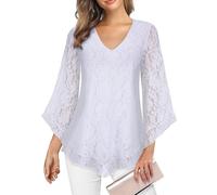 Gemulate Ladies Evening Tops Chiffon Top for Women UK Womens Lace Long Sleeve Tops Plain V Neck T Shirts Loose Casual Blouse Dressy Tunic Shirt - White, L