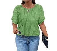 Gemulate Ladies Plus Size Tops Short Sleeve Top for Women UK Ribbed striped Batwing Sleeve T-Shirt Loose Tunic Shirts Blouse Casual T Shirt G-Green XL