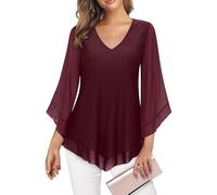 Gemulate Ladies Red Tops Chiffon Top for Women UK Womens Blouses Ruffle 3/4 Sleeve Mesh Ladies Tops Chiffon Double-Layered Tunic Top Loose Flowy Shirts - Dark Red, M