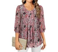 Gemulate Ladies Tops 3/4 Sleeve Tops for Women Round Neck Chiffon Blouses | Dressy Casual Flowy Tunic Double Hem Top Loose Pleated Floral Mesh T-Shirt M-3XL