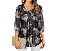 Gemulate Ladies Tops 3/4 Sleeve Tops for Women Round Neck Chiffon Blouses | Dressy Casual Flowy Tunic Double Hem Top Loose Pleated Floral Mesh T-Shirt M-3XL