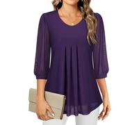 Gemulate Ladies Tops 3/4 Sleeve Tops for Women Round Neck Chiffon Blouses | Dressy Casual Flowy Tunic Double Hem Top Loose Pleated Floral Mesh T-Shirt M-3XL