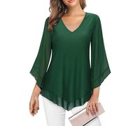 Gemulate LadiesTops St. Patrick's Day T-Shirt Womens Blouses Ruffle 3/4 Sleeve Mesh Ladies Tops Chiffon Double-Layered Tunic Tops Loose Flowy Shirts Ladies Party Tops-Green, 2XL