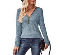 Gemulate Lightweight Christmas Sweaters for Women,Ladies Long Sleeve Solid Sweatshirt Tops v Neck Striped Summer Jumpers Female Light Blue-G L
