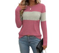 Gemulate Lightweight Sweaters for Women, Ladies Long Sleeve Solid Sweatshirt Tops Crew Neck Striped Summer Jumpers Female Pink L
