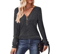 Gemulate Longline Sweatshirts for Women UK Lady's Jumpers Long Sleeve v Neck Jumper v Neck Lightweight Zip up Blouse Ladies Trendy Clothing Dark Grey S