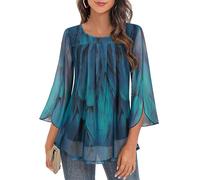 Gemulate Peacock Blue Tunic Top - 3/4 Sleeve Round Neck Chiffon Overlay for Women - Layered Going Out Top - UK - Peacock Blue, XXXL