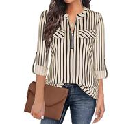 Gemulate Plus Size Clothing for Women Ladies Zip Up Tops Plaid Tunic Blouse 3/4 Sleeve Tops for Women UK Plus Size Floral Printed Shirts Womens Going Out Tops - Black Khaki Stripe, XXXL